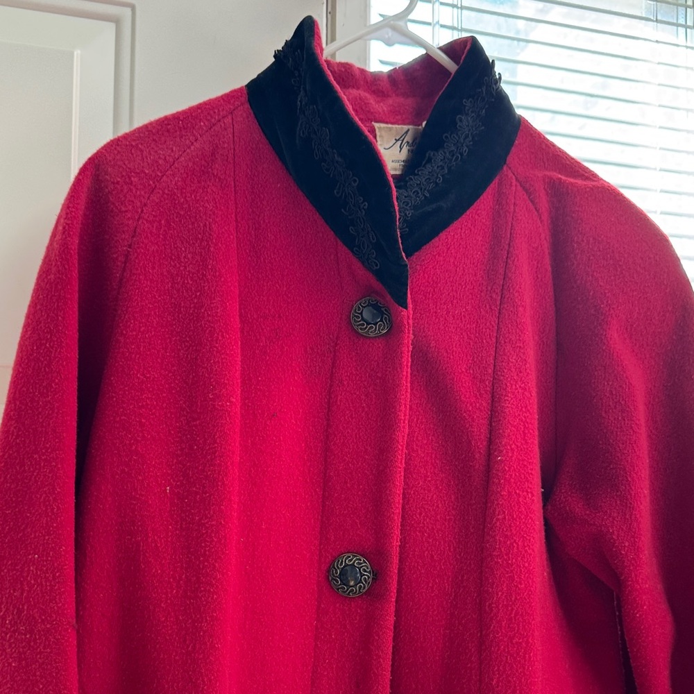 Vintage Red Wool Coat with Black Velvet Collar